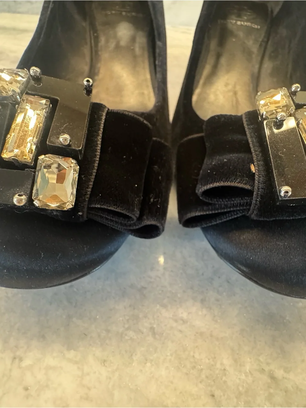 Tory Burch Black Velvet Jewel Bow Chunky Heel Pumps